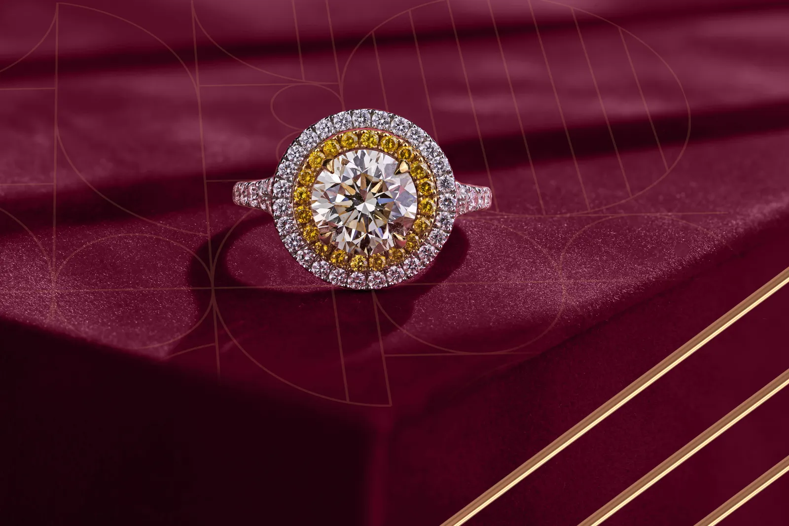 A certified diamond halo ring on maroon velvet