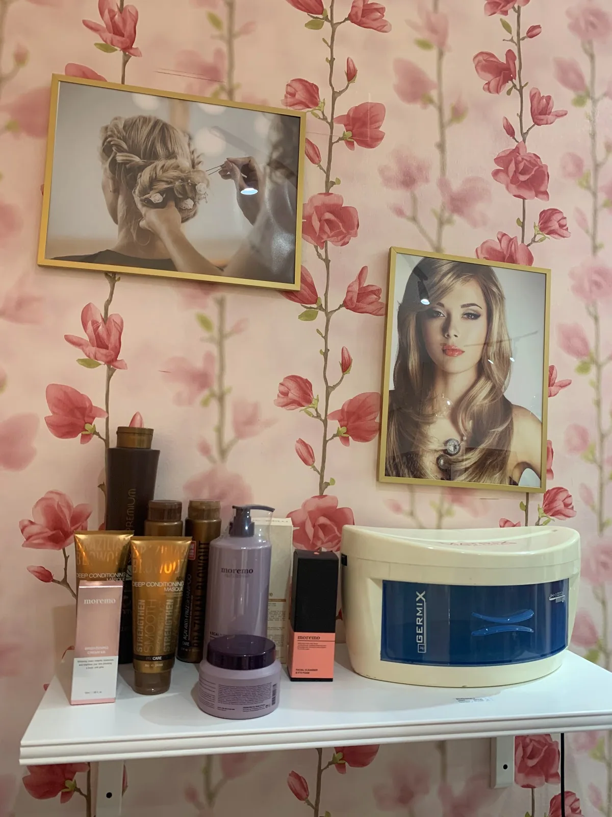 Professional hair and skin care products on display at the salon