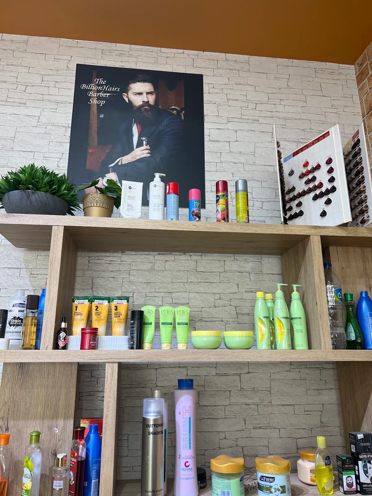 Shelves of professional hair and grooming products beneath a framed brand portrait