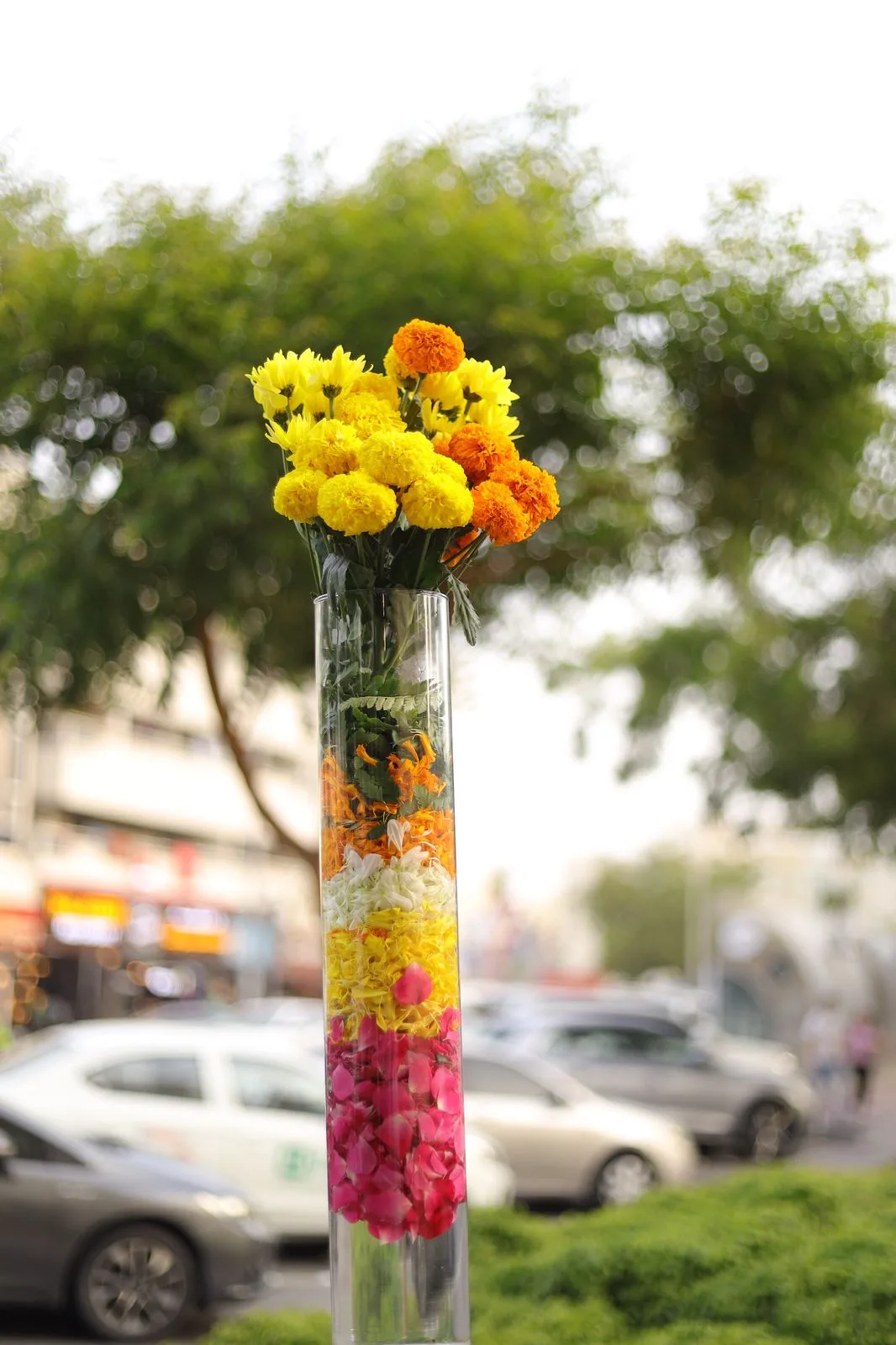 Tall glass cylinder vase layered with marigold, chrysanthemum and rose petals
