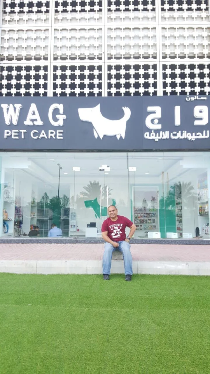 The WAG Pet Care shopfront in Emirates Crown, Dubai Marina, with the teal dog logo on the glass