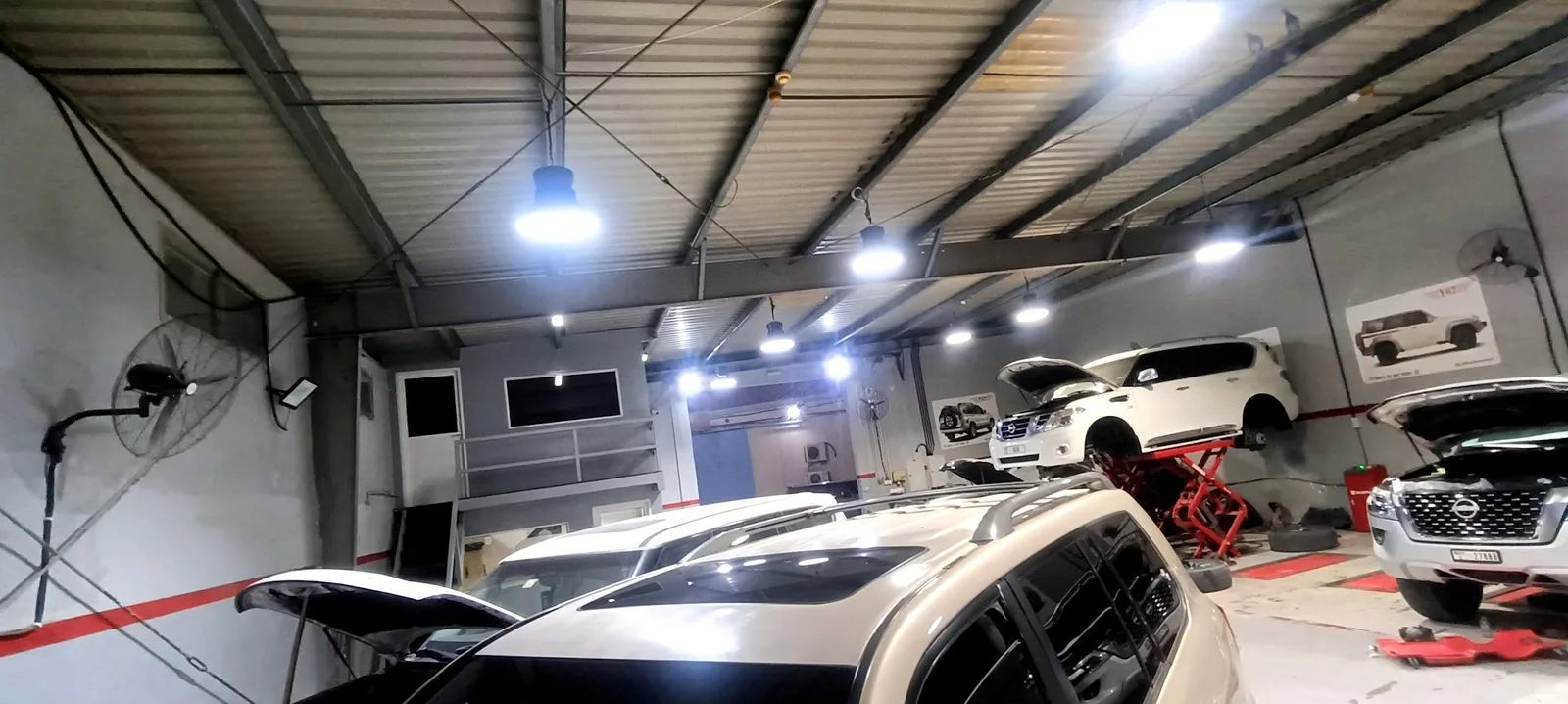 Workshop interior with overhead lighting